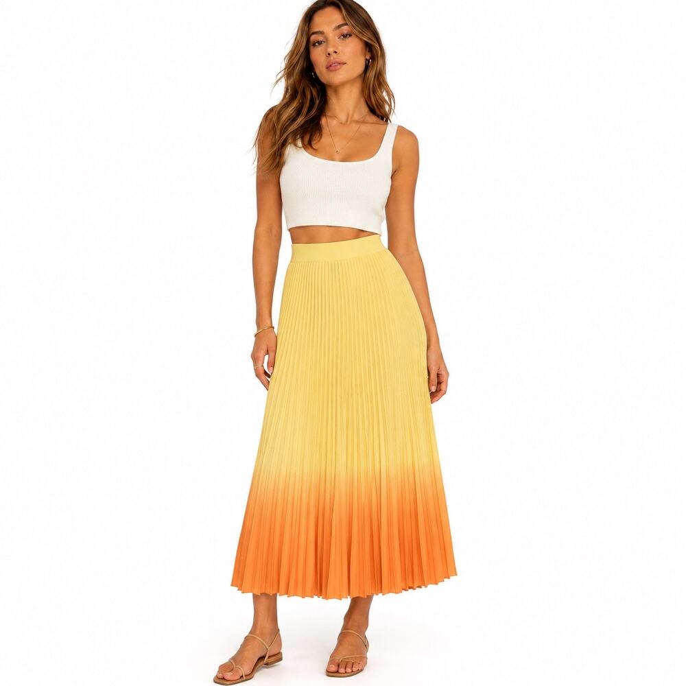 Lucy Paris Pleated Ombré Midi Skirt Yellow Orange Gradient Knit Size Small